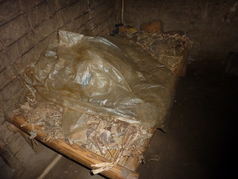 Bed with straw mattress and plastic blanket